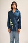 Elarra By Pratyancha_Navy Poplin Embroidery, Studs Collared, V-neck Swan And Jungle Print Shirt _Online_at_Aza_Fashions