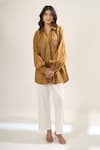 Elarra By Pratyancha_Brown Poplin Embroidery Collared, V-neck Cutdana Work Shirt _Online_at_Aza_Fashions