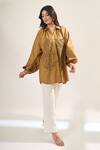 Shop_Elarra By Pratyancha_Brown Poplin Embroidery Collared, V-neck Cutdana Work Shirt _Online_at_Aza_Fashions