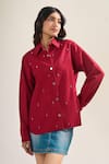 Elarra By Pratyancha_Red Denim Beads Collared Embellished Shirt _Online_at_Aza_Fashions