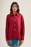Buy_Elarra By Pratyancha_Red Denim Beads Collared Embellished Shirt _Online_at_Aza_Fashions