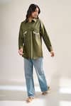 Elarra By Pratyancha_Olive Green Denim Embroidery Collared Bee Shirt _Online_at_Aza_Fashions
