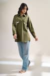 Shop_Elarra By Pratyancha_Olive Green Denim Embroidery Collared Bee Shirt _Online_at_Aza_Fashions