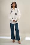 Elarra By Pratyancha_White Poplin Beads, Embroidery Collared Evil Eye Heart Shirt _Online_at_Aza_Fashions