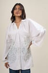 Buy_Elarra By Pratyancha_White Poplin Cut Work, Embroidery, Beads Collared, V-neck Cutdana Shirt _Online_at_Aza_Fashions