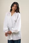 Buy_Elarra By Pratyancha_White Poplin Cut Work, Embroidery, Beads Collared, V-neck Cutdana Shirt _at_Aza_Fashions