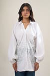 Elarra By Pratyancha_White Poplin Cut Work, Embroidery, Beads Collared, V-neck Cutdana Shirt _at_Aza_Fashions