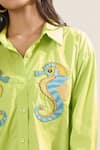 Shop_Elarra By Pratyancha_Green Poplin Embroidery Collared, V-neck Seahorse Shirt _Online_at_Aza_Fashions