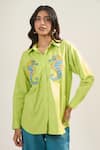 Elarra By Pratyancha_Green Poplin Embroidery Collared, V-neck Seahorse Shirt _at_Aza_Fashions