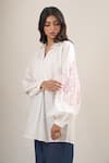 Elarra By Pratyancha_White Poplin Embroidery Collared, V-neck Puff Sleeve Shirt _at_Aza_Fashions