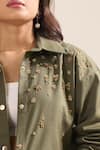 Elarra By Pratyancha_Olive Green Denim Sequins, Beads Collared Embellished Button-down Shirt _Online_at_Aza_Fashions