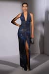 Buy_Nikita Mhaisalkar_Blue Lycra Halter Neck, Galaxy Print Corset Bodycon Maxi Dress _at_Aza_Fashions