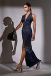 Shop_Nikita Mhaisalkar_Blue Lycra Halter Neck, Galaxy Print Corset Bodycon Maxi Dress _Online_at_Aza_Fashions
