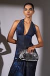 Nikita Mhaisalkar_Blue Lycra Halter Neck, Galaxy Print Corset Bodycon Maxi Dress _at_Aza_Fashions