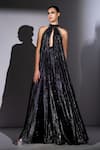 Buy_Nikita Mhaisalkar_Black Lurex, Georgette Studs Halter , Keyhole Galaxy Print Maxi Dress _at_Aza_Fashions