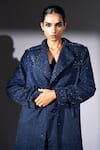 Nikita Mhaisalkar_Blue Suede Sequins Collared Star Shower Embroidered Trench Jacket _at_Aza_Fashions