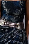 Nikita Mhaisalkar_Blue Lurex, Georgette Buckles Bandeau Neck Galaxy Corset Short Draped Dress _Online_at_Aza_Fashions