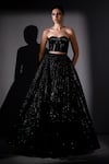 Shop_Nikita Mhaisalkar_Black Tulle Sequins, Embroidery, Zari Tonal Embellished Trench Coat And Skirt Set _at_Aza_Fashions