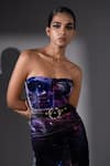 Nikita Mhaisalkar Purple Velvet, Silk Buckles Bandeau Neck Galaxy Print Tube Dress With Belt at Aza Fashions Nikita Mhaisalkar_Purple Velvet, Silk Buckles Bandeau Neck Galaxy Print Tube Dress With Belt _at_Aza_Fashions