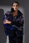 Buy_Nikita Mhaisalkar_Purple Velvet High Neck Galaxy Print Puffer Jacket _Online_at_Aza_Fashions
