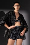 Shop_Nikita Mhaisalkar_Black Tulle Embroidery V-neck Holographic Space Bralette And Shorts Set _Online_at_Aza_Fashions