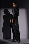 Shop_Nikita Mhaisalkar_Black Georgette Sequins, Glitter Round Neck, Galaxy Cutout Slit Maxi Dress _at_Aza_Fashions