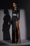 Buy_Nikita Mhaisalkar_Black Georgette Sequins, Glitter Round Neck, Galaxy Cutout Slit Maxi Dress _Online_at_Aza_Fashions