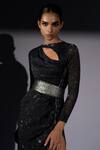 Nikita Mhaisalkar_Black Georgette Sequins, Glitter Round Neck, Galaxy Cutout Slit Maxi Dress _at_Aza_Fashions