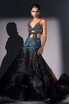 Nikita Mhaisalkar_Blue Tulle Beads, Tassels V-neck Holographic Space Embroidered Bralette _at_Aza_Fashions