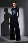 Buy_Nikita Mhaisalkar_Navy Georgette Sequins Boat Neck Sheeted Bodysuit _at_Aza_Fashions