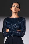 Buy_Nikita Mhaisalkar_Navy Georgette Sequins Boat Neck Sheeted Bodysuit 