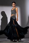 Shop_Nikita Mhaisalkar_Black Georgette Embroidery, Sequins, Beads V-neck Top And Long Skirt Set 
