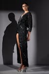 Buy_Nikita Mhaisalkar_Black Georgette Sequins, Embroidery V-neck Galaxy Slit Dress _at_Aza_Fashions