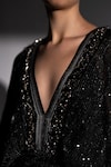 Shop_Nikita Mhaisalkar_Black Georgette Sequins, Embroidery V-neck Galaxy Slit Dress _at_Aza_Fashions