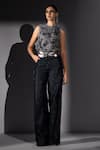 Buy_Nikita Mhaisalkar_Blue Denim Embroidery Holographic Pant _Online_at_Aza_Fashions