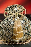 Buy_Nayaab By Sonia_Emerald Green Embroidery, Metallic Thread, Tassels, Pearls, Leafy Lattice Potli 