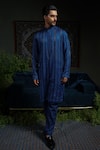 Buy_Runit Gupta_Blue Chanderi , Vegan Embroidery Midnight Stripe Kurta Set _at_Aza_Fashions