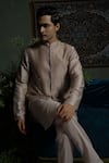 Buy_Runit Gupta_Beige Chanderi Silk Beads, Embroidery Bold Border Nehru Jacket _Online_at_Aza_Fashions