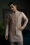 Buy_Runit Gupta_Beige Chanderi Silk Beads, Embroidery Bold Border Nehru Jacket 
