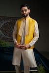 Buy_Runit Gupta_Yellow Chanderi Silk Beads Mari Ombre Nehru Jacket _at_Aza_Fashions
