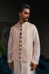 Buy_Runit Gupta_Peach Linen, Cotton Embroidery Arch Lapel Rose Nehru Jacket _at_Aza_Fashions