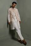 Runit Gupta_Peach Linen, Cotton Embroidery Arch Lapel Rose Nehru Jacket _Online_at_Aza_Fashions