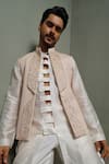 Buy_Runit Gupta_Peach Linen, Cotton Embroidery Arch Lapel Rose Nehru Jacket _Online_at_Aza_Fashions