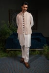 Runit Gupta_Peach Linen, Cotton Embroidery Arch Lapel Rose Nehru Jacket _at_Aza_Fashions