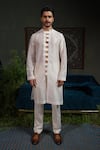 Buy_Runit Gupta_Peach Linen, Cotton, Chanderi , Vegan Arch Lapel Rose Bundi And Kurta Set 