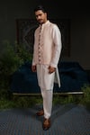 Shop_Runit Gupta_Peach Linen, Cotton, Chanderi , Vegan Arch Lapel Rose Bundi And Kurta Set 
