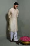Runit Gupta_Beige Chanderi , Vegan Embroidery Lotus Ombre Bundi And Kurta Set _at_Aza_Fashions