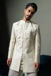 Buy_Runit Gupta_Ivory Silk Piping Dusty Flap Sherwani Set _Online_at_Aza_Fashions
