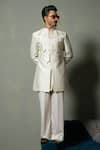 Shop_Runit Gupta_Ivory Silk Piping Dusty Flap Sherwani Set _at_Aza_Fashions