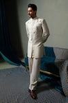 Runit Gupta_Ivory Silk Piping Dusty Flap Sherwani Set _at_Aza_Fashions